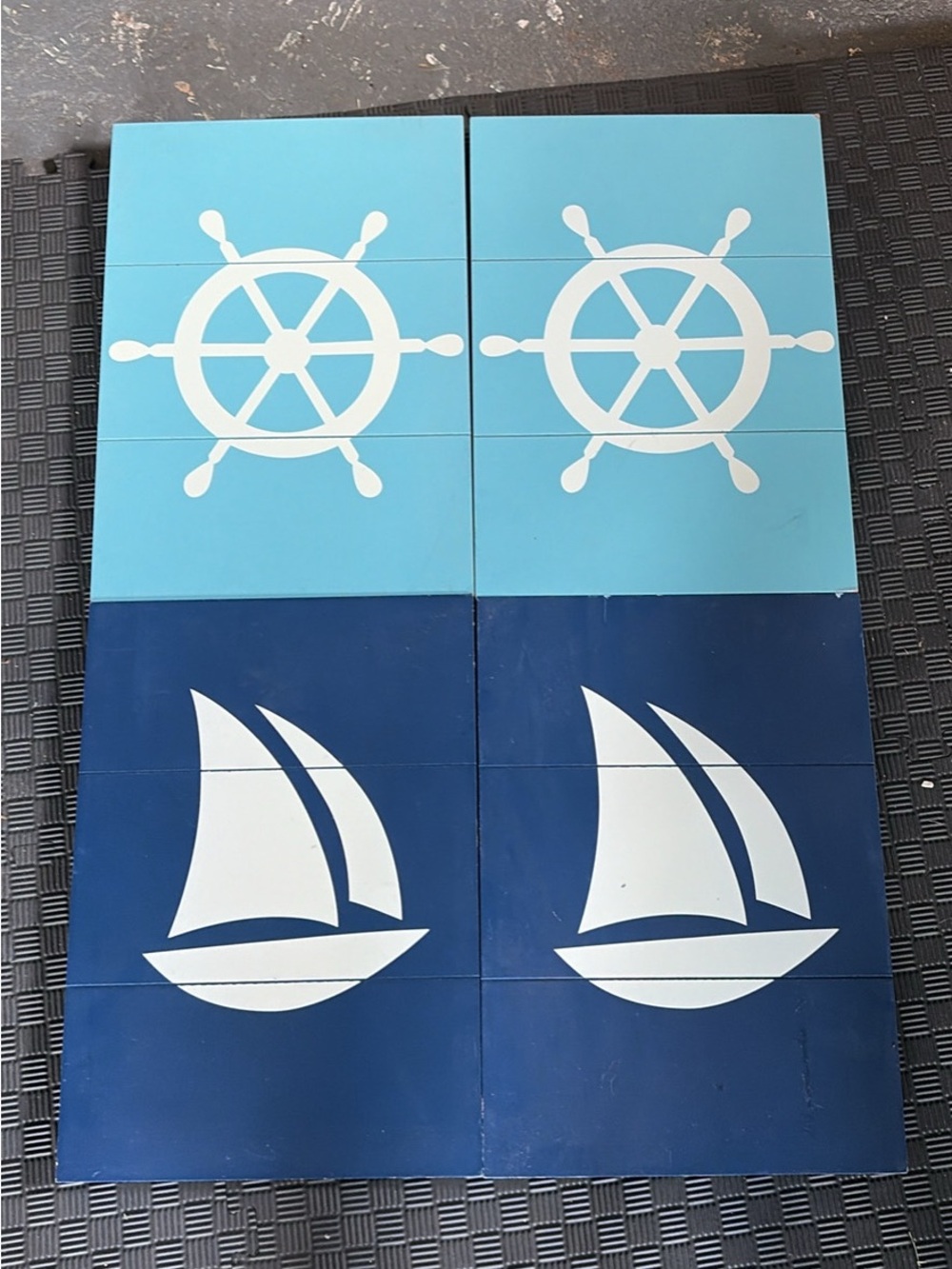Hobby Lobby Coastal Wheel & Sailboat wall decor in baby and navy blue (Set of 4)